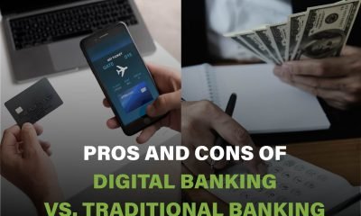 Comparing digital banking and traditional banking, highlighting convenience, cost, service options, and in-person interaction.
